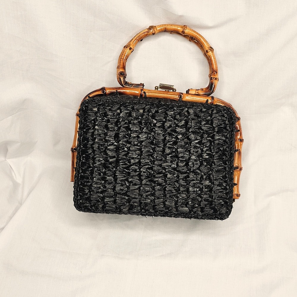 Vintage Peck & Peck Bamboo Handle Black Raffia Frame Handbag Fifth Ave